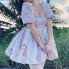 Puff-sleeve Tie-dye Mini A-line Dress