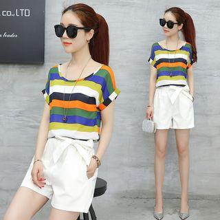 Set: Striped Short-sleeve Top + Wide Leg Shorts