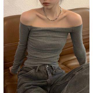 Long-sleeve Off-shoulder Top Gray - One Size