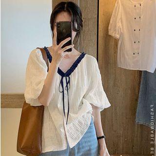 Color Panel Tie-strap Open-front Shirt