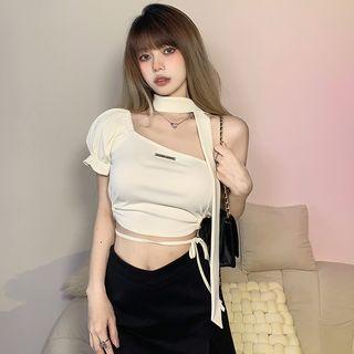 Puff-sleeve One-shoulder Crop Top