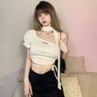 Puff-sleeve One-shoulder Crop Top