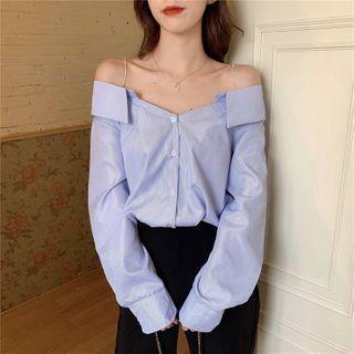 Long-sleeve Off-shoulder Chain Strap Plain Shirt