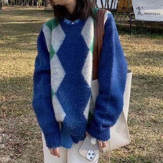 Round Neck Argyle Sweater Blue - One Size