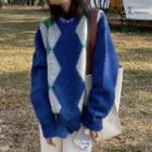 Round Neck Argyle Sweater Blue - One Size