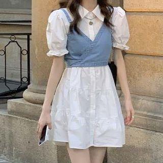 Puff-sleeve A-line Mini Shirtdress / Spaghetti Strap Denim Crop Top
