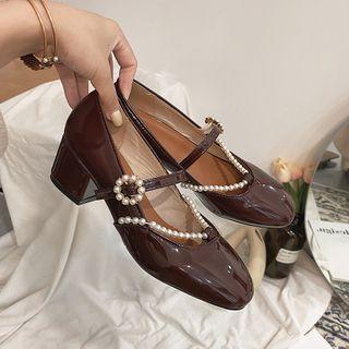 Chunky Heel Faux Pearl Buckle Mary Jane Sandals