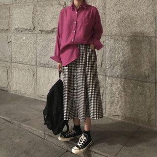 Plain Shirt / Gingham Midi A-line Skirt