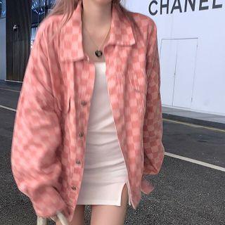 Checkerboard Pattern Denim Jacket Checkerboard - Pink - One Size
