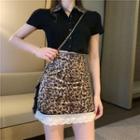 Short-sleeve Polo Shirt / Leopard A-line Skirt / Set