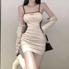 Set: Sleeveless Contrast Trim Mini Dress + Long Sleeve Cropped Top Almond - One Size