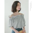 Elbow-sleeve Cold-shoulder Gingham Blouse Gingham - Gray & White - One Size