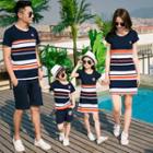 Family Matching Short-sleeve Striped T-shirt / Short-sleeve Striped T-shirt Dress / Shorts / Set