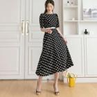 Dotted Long Flare Dress With Belt