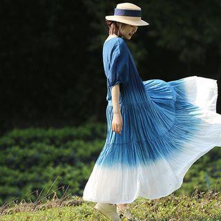 Elbow-sleeve Tiered Gradient Maxi A-line Dress