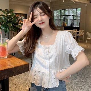Puff-sleeve Eyelet Lace Peplum Blouse