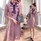 Tie Neck 3/4-sleeve Lace Dress