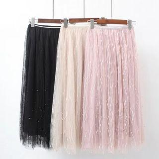 Beaded Sheer Panel Midi Skirt