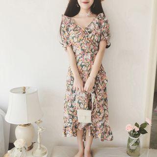 Ruffle Trim Floral Short-sleeve V-neck Midi A-line Dress