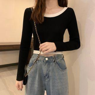 Contrast Trim Round Neck Cropped Knit Top