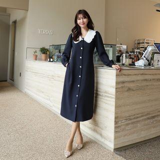 Frilled-collar Puff-sleeve Long Dress