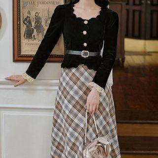 Set: Velvet Blouse + Plaid Midi A-line Skirt