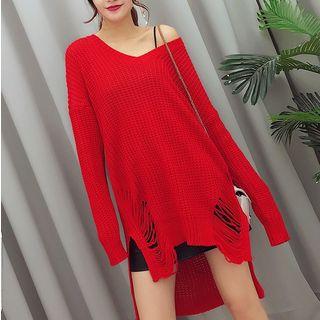 Distressed V-neck Dip Back Sweater