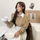 Contrast-collar Puff-shoulder Blouse