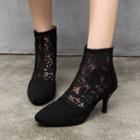 Faux Suede Lace Panel High Heel Short Boots