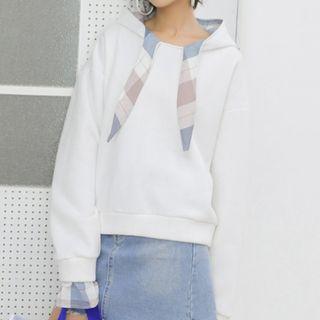 Plaid Panel Tie Neck Hoodie