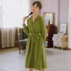 Long-sleeve Collared Tie-waist Dress