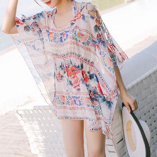 Set: Printed Tankini + Drawstring Waist Beach Cover-up