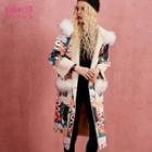 Paneled Hooded Printed Buttoned Coat