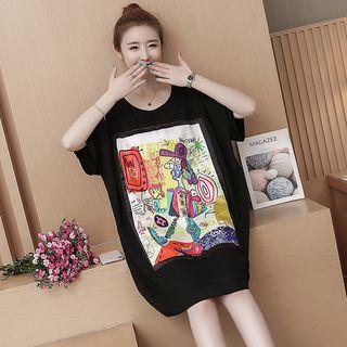 Printed Applique Short Sleeve T-shirt Dress