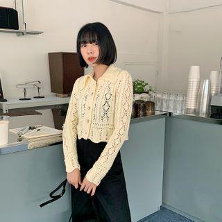 Collared Pointelle-knit Cardigan