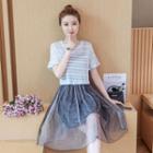 Set: Mesh Spaghetti-strap Dress + Short-sleeve Top
