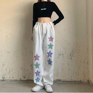Wide Leg Star Print Jeans