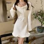 Long-sleeve Lace Up Fluffy Trim Mini A-line Dress