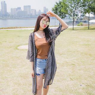 Ruffled 3/4-sleeve Long Robe Cardigan