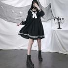 Long-sleeve Sailor Collar A-line Dress Black - One Size