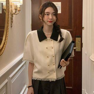 Short-sleeve Double-breasted Blouse Beige - One Size