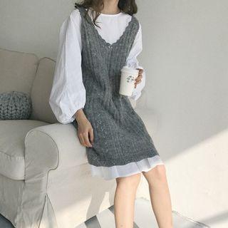 Long Knit Vest / 3/4-sleeve Dress