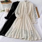 Gather-waist Stand-collar Lace Dress