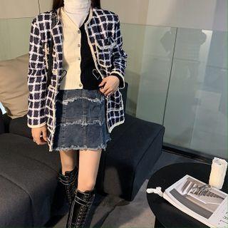 Plaid Jacket / Denim Mini A-line Skirt / Long-sleeve Top / Cardigan