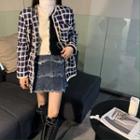 Plaid Jacket / Denim Mini A-line Skirt / Long-sleeve Top / Cardigan