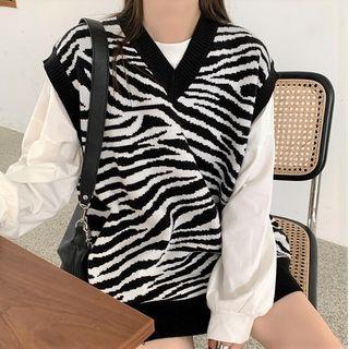 Zebra Print Knit Vest Black & White - One Size