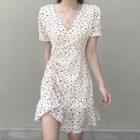 V-neck Floral Drawstring Mini A-line Dress Almond - One Size