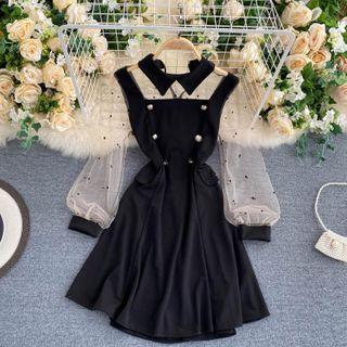 Sheer Mesh Puff-sleeve Panel Dress