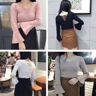 Cross Back V-neck Bell-sleeve Knit Top