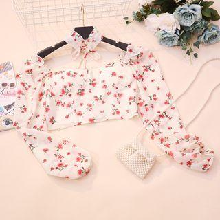 Floral Print Balloon-sleeve Cropped Blouse Almond - One Size